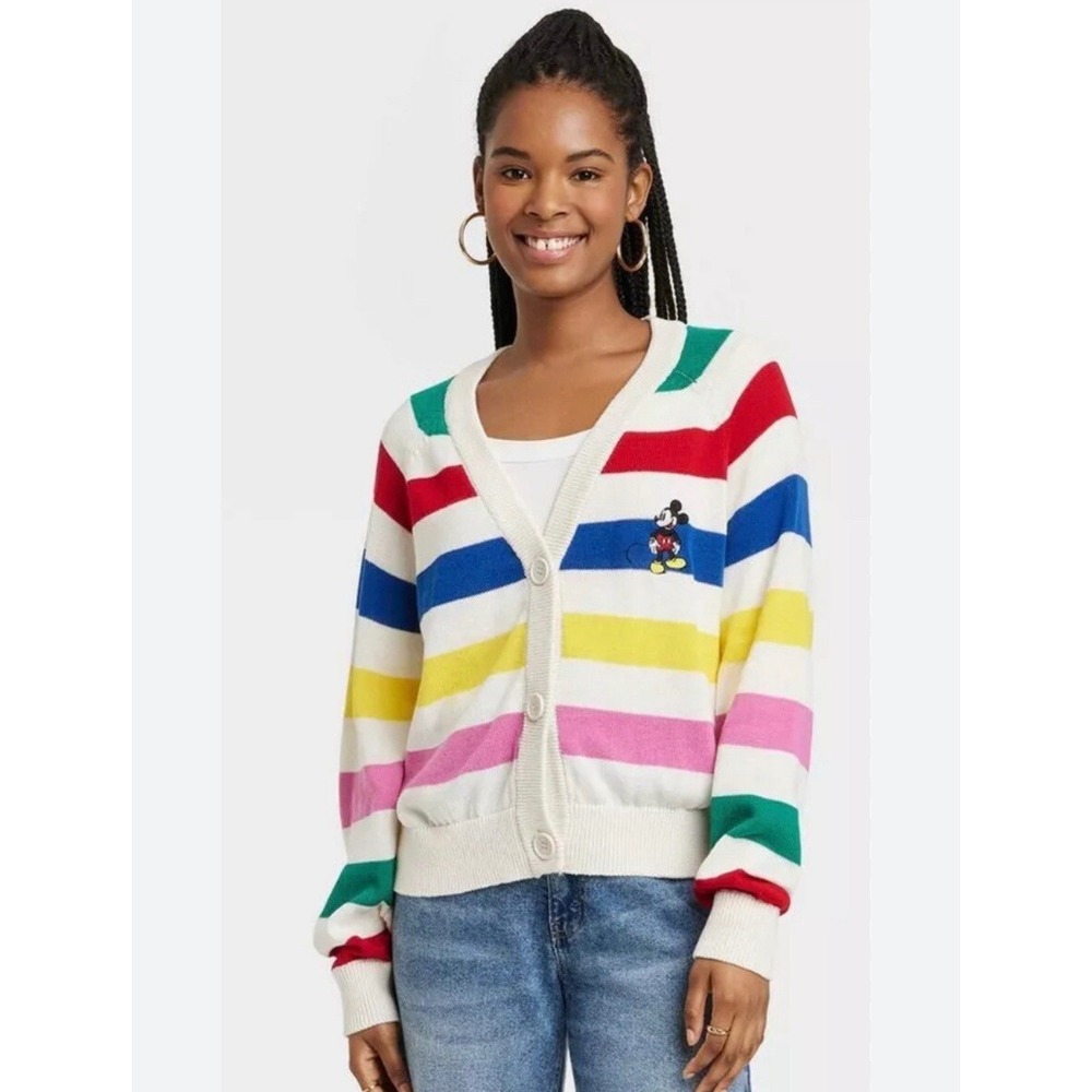 Disney Mickey Mouse Rainbow Striped Cardigan Sweater XXL Cotton Blend Colorful
